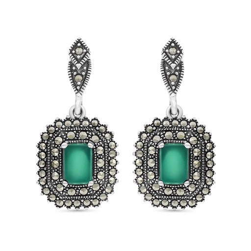 [EAR04MAR00GAGA342] Sterling Silver 925 Earring Embedded With Natural Green Agate And Marcasite Stones