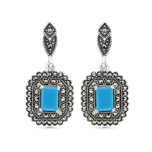 [EAR04MAR00TRQA342] Sterling Silver 925 Earring Embedded With Natural Processed Turquoise And Marcasite Stones