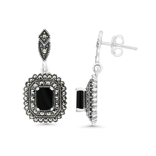 [EAR04MAR00ONXA342] Sterling Silver 925 Earring Embedded With Natural Black Agate And Marcasite Stones