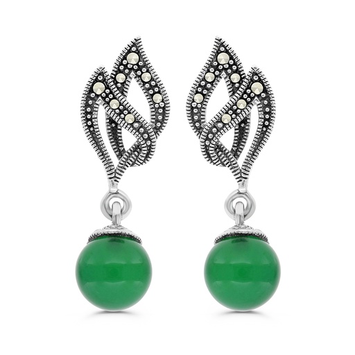 [EAR04MAR00GAGA343] Sterling Silver 925 Earring Embedded With Natural Green Agate And Marcasite Stones