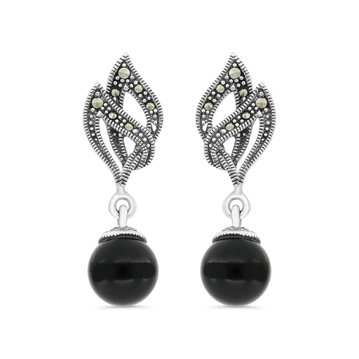 [EAR04MAR00ONXA343] Sterling Silver 925 Earring Embedded With Natural Black Agate And Marcasite Stones