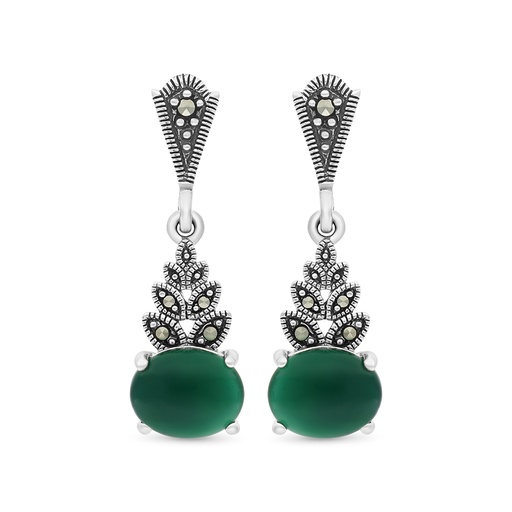 [EAR04MAR00GAGA346] Sterling Silver 925 Earring Embedded With Natural Green Agate And Marcasite Stones