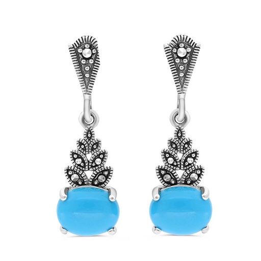 [EAR04MAR00TRQA346] Sterling Silver 925 Earring Embedded With Natural Processed Turquoise And Marcasite Stones