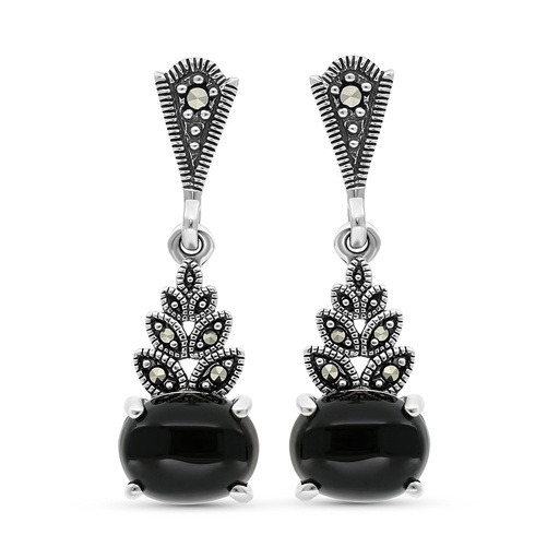 [EAR04MAR00ONXA346] Sterling Silver 925 Earring Embedded With Natural Black Agate And Marcasite Stones
