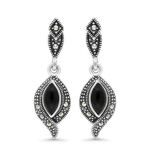 [EAR04MAR00ONXA344] Sterling Silver 925 Earring Embedded With Natural Black Agate And Marcasite Stones
