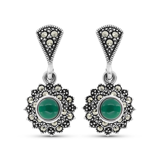 [EAR04MAR00GAGA347] Sterling Silver 925 Earring Embedded With Natural Green Agate And Marcasite Stones