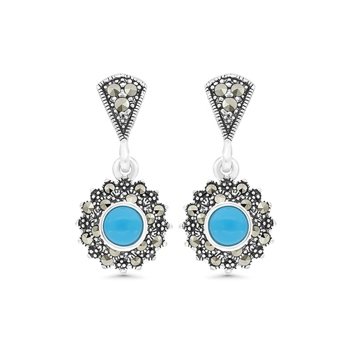 [EAR04MAR00TRQA347] Sterling Silver 925 Earring Embedded With Natural Processed Turquoise And Marcasite Stones