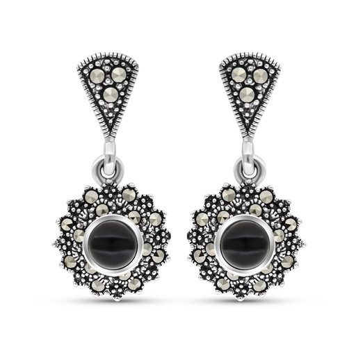[EAR04MAR00ONXA347] Sterling Silver 925 Earring Embedded With Natural Black Agate And Marcasite Stones