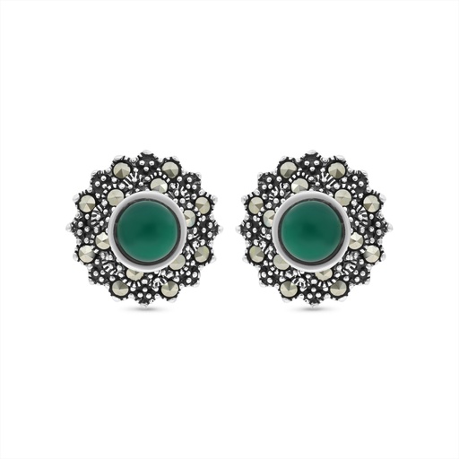 [EAR04MAR00GAGA349] Sterling Silver 925 Earring Embedded With Natural Green Agate And Marcasite Stones