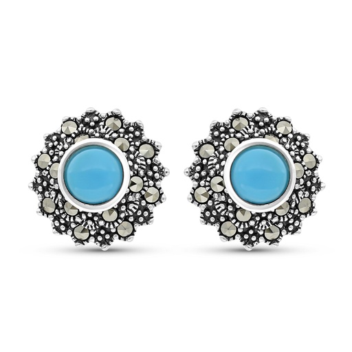 [EAR04MAR00TRQA349] Sterling Silver 925 Earring Embedded With Natural Processed Turquoise And Marcasite Stones