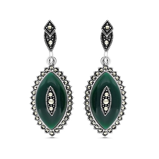 [EAR04MAR00GAGA352] Sterling Silver 925 Earring Embedded With Natural Green Agate And Marcasite Stones
