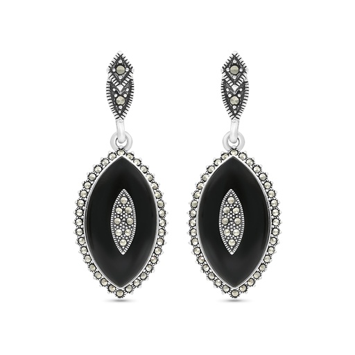 [EAR04MAR00ONXA352] Sterling Silver 925 Earring Embedded With Natural Black Agate And Marcasite Stones