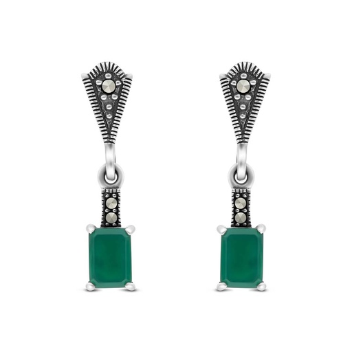 [EAR04MAR00GAGA353] Sterling Silver 925 Earring Embedded With Natural Green Agate And Marcasite Stones