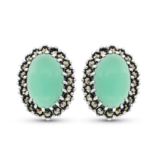[EAR04MAR00GAGA354] Sterling Silver 925 Earring Embedded With Natural Green Agate And Marcasite Stones