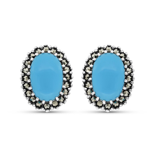 [EAR04MAR00TRQA354] Sterling Silver 925 Earring Embedded With Natural Processed Turquoise And Marcasite Stones