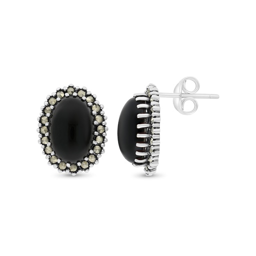 [EAR04MAR00ONXA354] Sterling Silver 925 Earring Embedded With Natural Black Agate And Marcasite Stones
