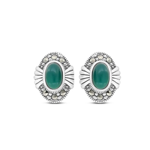 [EAR04MAR00GAGA355] Sterling Silver 925 Earring Embedded With Natural Green Agate And Marcasite Stones