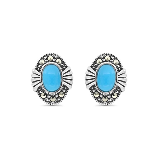 [EAR04MAR00TRQA355] Sterling Silver 925 Earring Embedded With Natural Processed Turquoise And Marcasite Stones