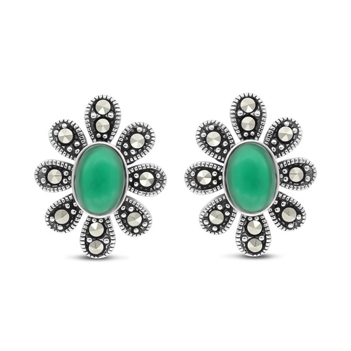 [EAR04MAR00GAGA356] Sterling Silver 925 Earring Embedded With Natural Green Agate And Marcasite Stones
