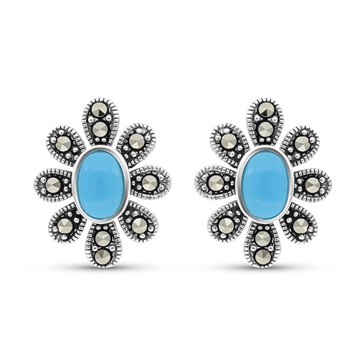 [EAR04MAR00TRQA356] Sterling Silver 925 Earring Embedded With Natural Processed Turquoise And Marcasite Stones