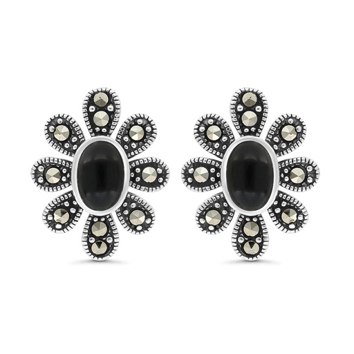 [EAR04MAR00ONXA356] Sterling Silver 925 Earring Embedded With Natural Black Agate And Marcasite Stones