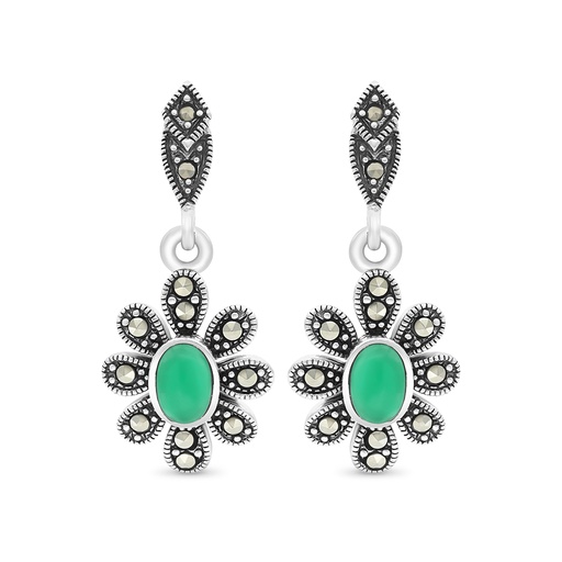 [EAR04MAR00GAGA357] Sterling Silver 925 Earring Embedded With Natural Green Agate And Marcasite Stones