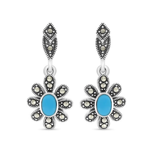 [EAR04MAR00TRQA357] Sterling Silver 925 Earring Embedded With Natural Processed Turquoise And Marcasite Stones
