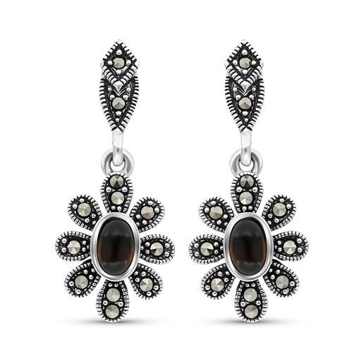[EAR04MAR00ONXA357] Sterling Silver 925 Earring Embedded With Natural Black Agate And Marcasite Stones
