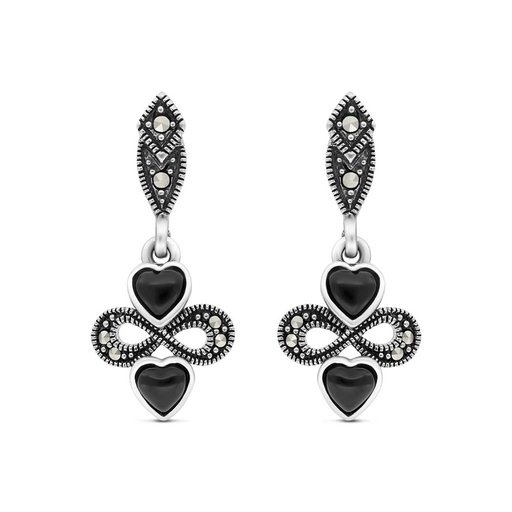 [EAR04MAR00ONXA358] Sterling Silver 925 Earring Embedded With Natural Black Agate And Marcasite Stones