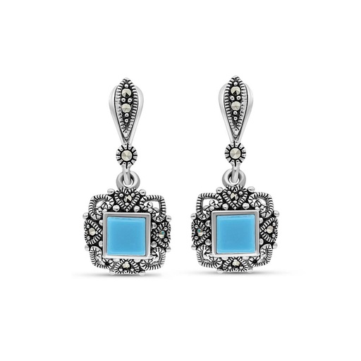 [EAR04MAR00TRQA360] Sterling Silver 925 Earring Embedded With Natural Processed Turquoise And Marcasite Stones