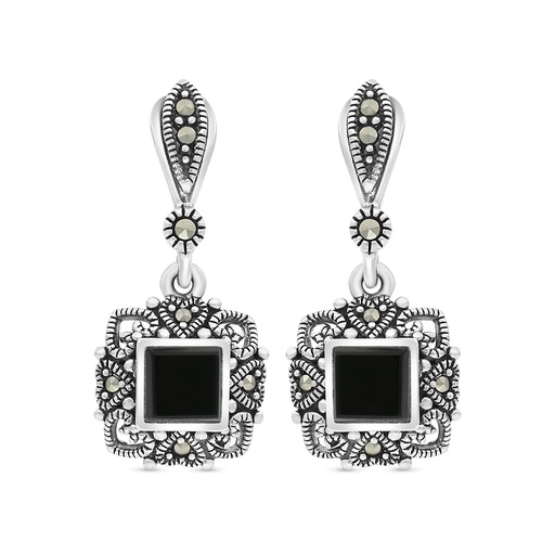 [EAR04MAR00ONXA360] Sterling Silver 925 Earring Embedded With Natural Black Agate And Marcasite Stones