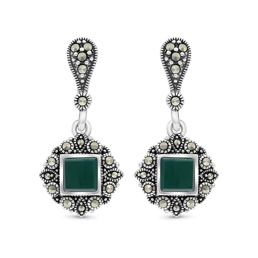 [EAR04MAR00GAGA362] Sterling Silver 925 Earring Embedded With Natural Green Agate And Marcasite Stones