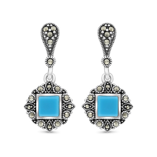 [EAR04MAR00TRQA362] Sterling Silver 925 Earring Embedded With Natural Processed Turquoise And Marcasite Stones