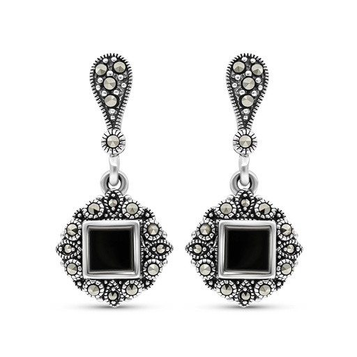 [EAR04MAR00ONXA362] Sterling Silver 925 Earring Embedded With Natural Black Agate And Marcasite Stones