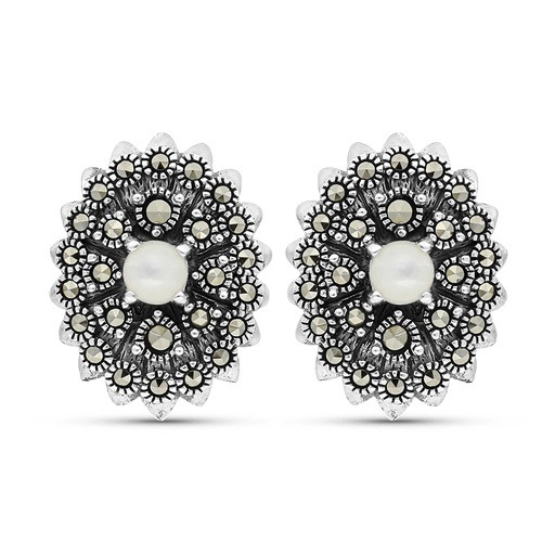 [EAR04MAR00MOPA363] Sterling Silver 925 Earring Embedded With Natural White Shell And Marcasite Stones