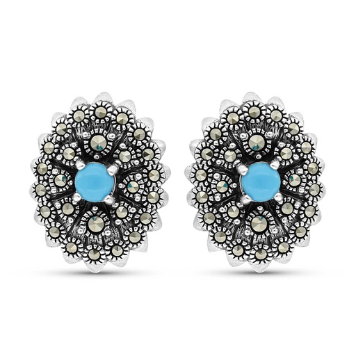 [EAR04MAR00TRQA363] Sterling Silver 925 Earring Embedded With Natural Processed Turquoise And Marcasite Stones