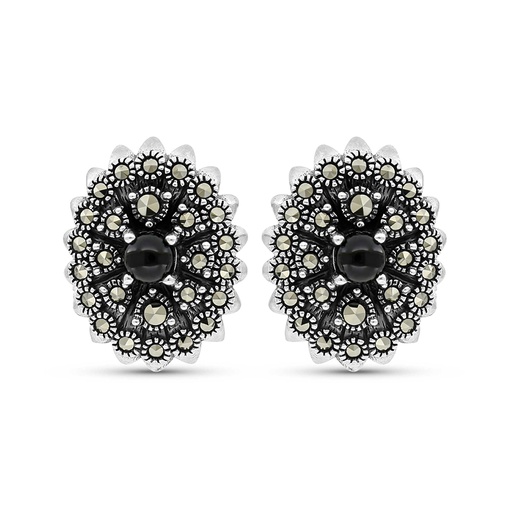 [EAR04MAR00ONXA363] Sterling Silver 925 Earring Embedded With Natural Black Agate And Marcasite Stones
