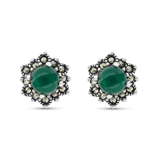 [EAR04MAR00GAGA364] Sterling Silver 925 Earring Embedded With Natural Green Agate And Marcasite Stones