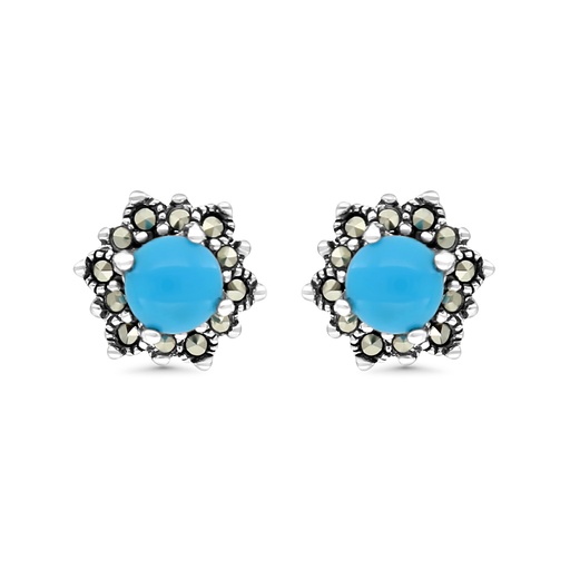 [EAR04MAR00TRQA364] Sterling Silver 925 Earring Embedded With Natural Processed Turquoise And Marcasite Stones
