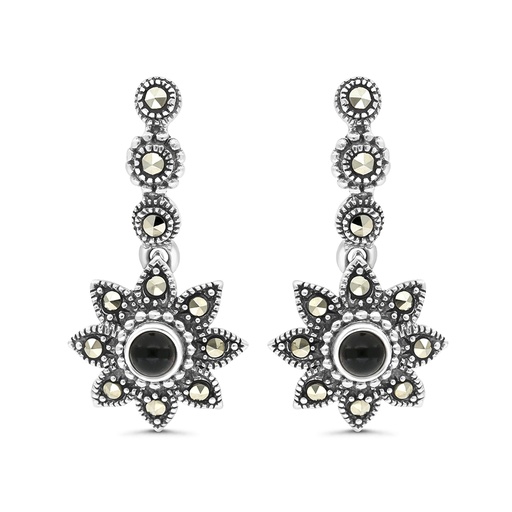 [EAR04MAR00ONXA365] Sterling Silver 925 Earring Embedded With Natural Black Agate And Marcasite Stones