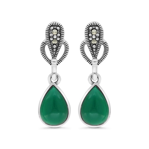 [EAR04MAR00GAGA368] Sterling Silver 925 Earring Embedded With Natural Green Agate And Marcasite Stones