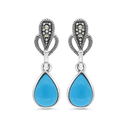 [EAR04MAR00TRQA368] Sterling Silver 925 Earring Embedded With Natural Processed Turquoise And Marcasite Stones