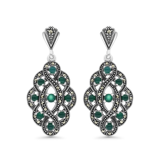 [EAR04MAR00GAGA367] Sterling Silver 925 Earring Embedded With Natural Green Agate And Marcasite Stones