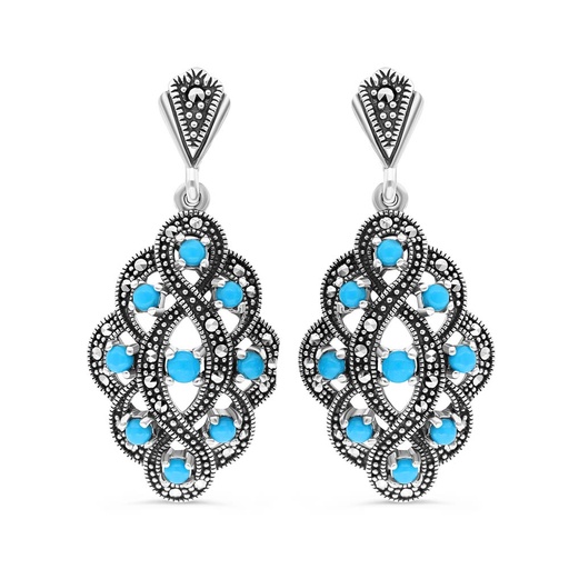 [EAR04MAR00TRQA367] Sterling Silver 925 Earring Embedded With Natural Processed Turquoise And Marcasite Stones