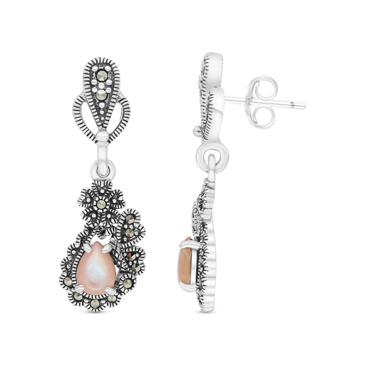 [EAR04MAR00PNKA370] Sterling Silver 925 Earring Embedded With Natural Pink Shell And Marcasite Stones