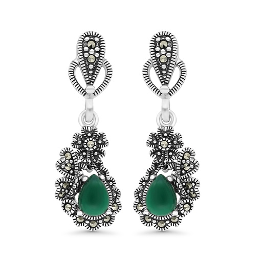 [EAR04MAR00GAGA370] Sterling Silver 925 Earring Embedded With Natural Green Agate And Marcasite Stones