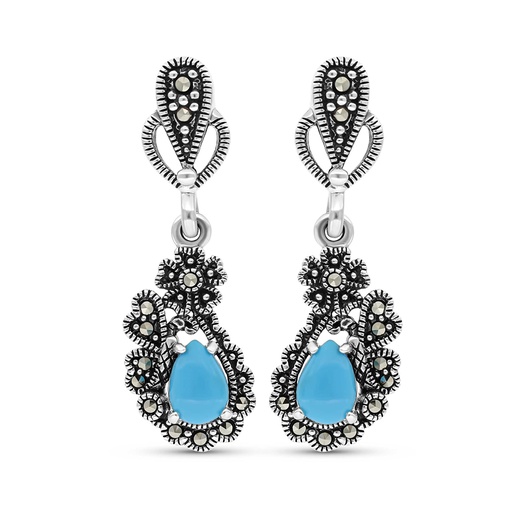 [EAR04MAR00TRQA370] Sterling Silver 925 Earring Embedded With Natural Processed Turquoise And Marcasite Stones
