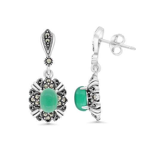 [EAR04MAR00GAGA371] Sterling Silver 925 Earring Embedded With Natural Green Agate And Marcasite Stones