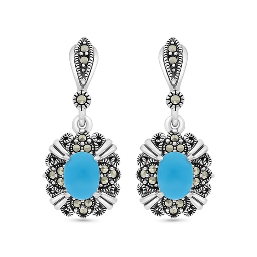 [EAR04MAR00TRQA371] Sterling Silver 925 Earring Embedded With Natural Processed Turquoise And Marcasite Stones