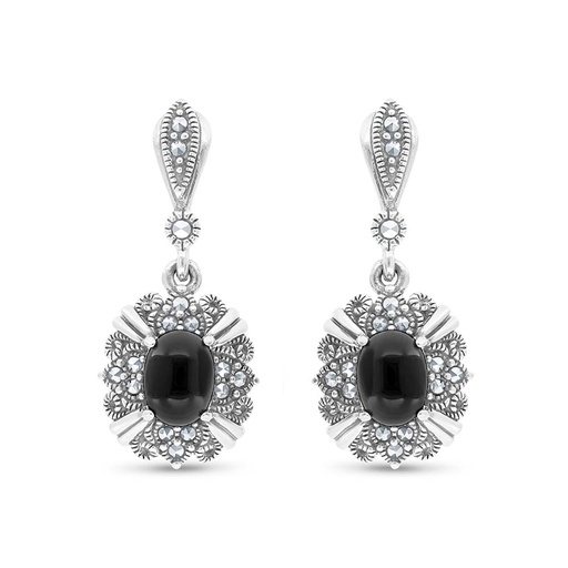 [EAR04MAR00ONXA371] Sterling Silver 925 Earring Embedded With Natural Black Agate And Marcasite Stones